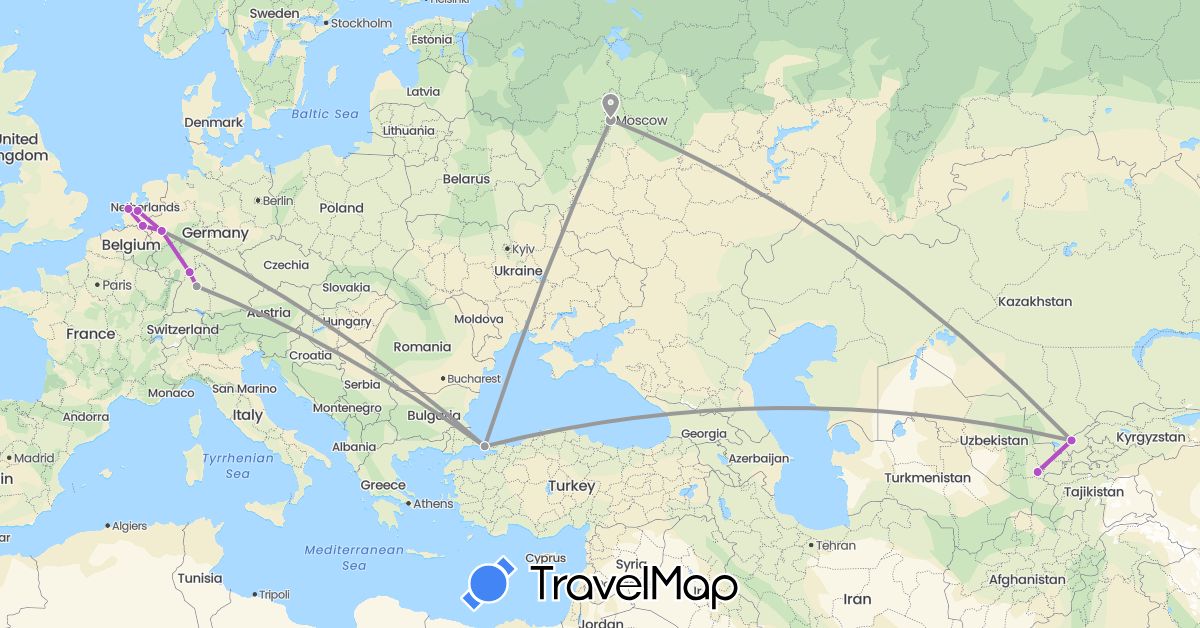 TravelMap itinerary: driving, plane, train in Germany, Netherlands, Russia, Turkey, Uzbekistan (Asia, Europe)